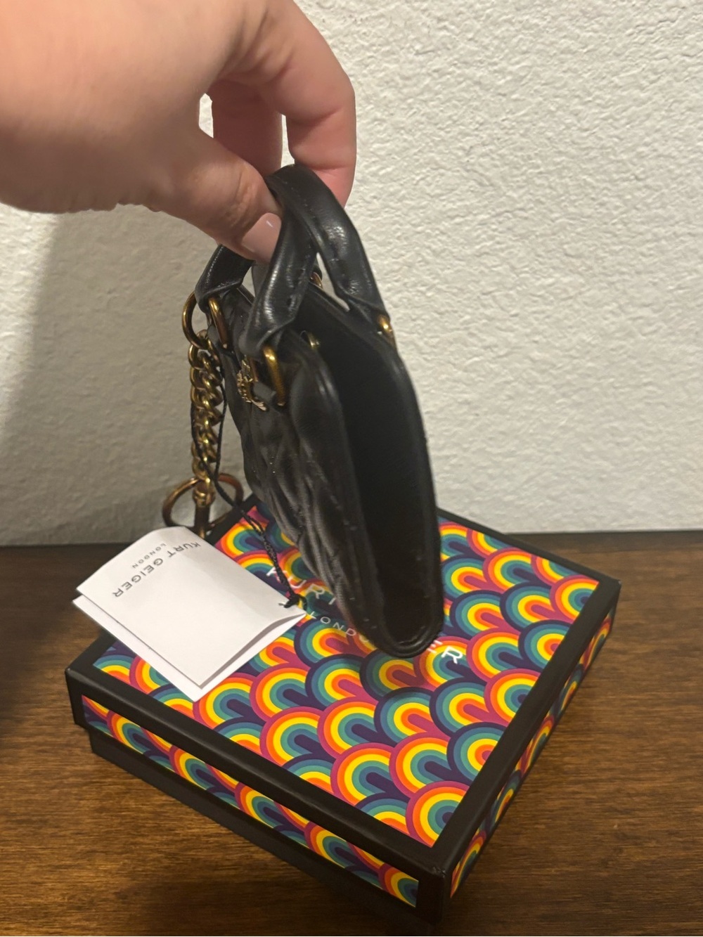 Kurt Geiger Black Quilted Card Holder/Bag Charm with Gold Chain Detail - Picture 7 of 8